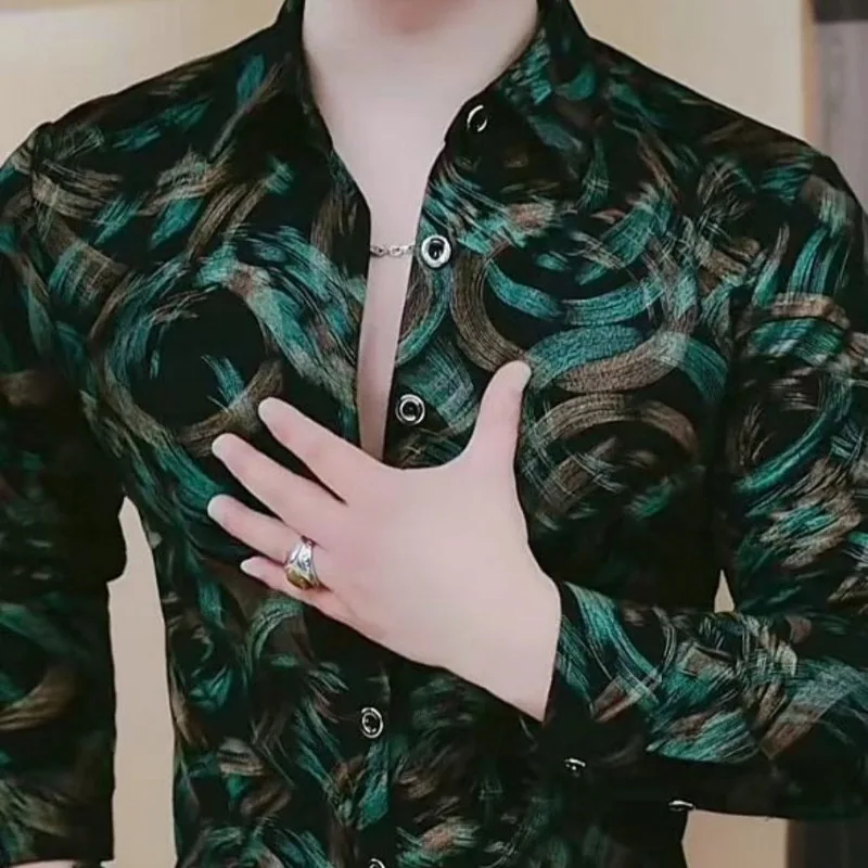 

Men's Korean Fashion Vintage Print High Street Luxury Button Up Shirt Spring Autumn Lapel Long Sleeve Slim Tops Camisa Masculina