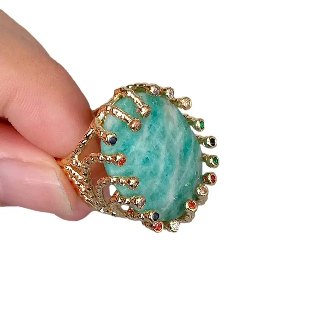 YYGEM 21x28mm Big Stone Ring Natural Green Amazonite New Fashion Gold Plated Amazonite Ring