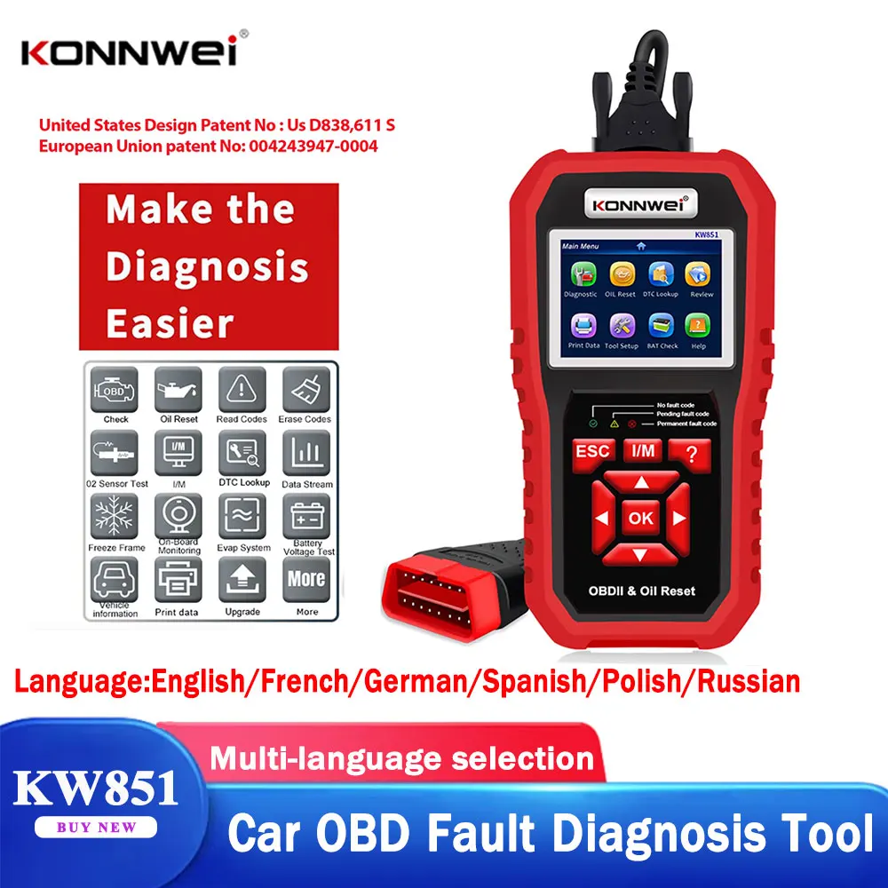 KONNWEI KW851 Car OBDII Diagnostic Scanner Oil Service Light Reset Read Clear Codes O2 Sensor Tester Engine Check Code Reader