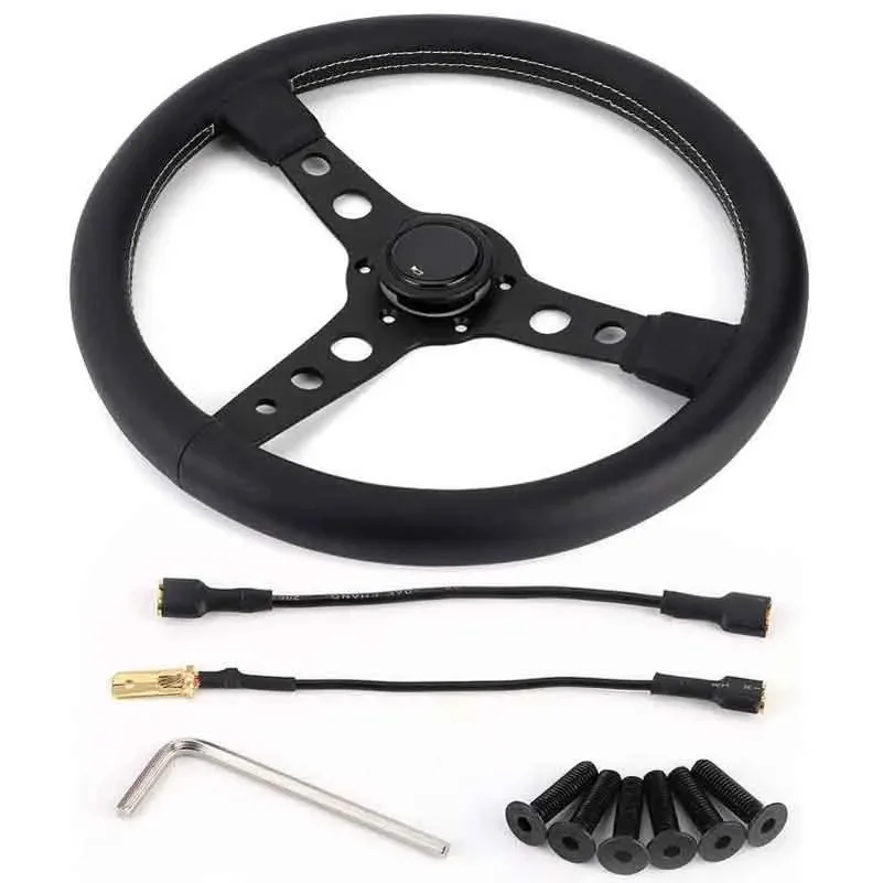 350mm/14in Racing Steering Wheel for Style 6-Bolt Black Leather Gray Stitching with Horn Button