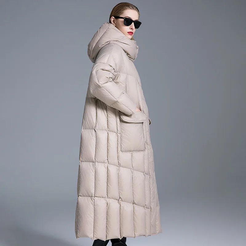 Luxo de alta qualidade 90% pato branco para baixo inverno para mulheres solto quente engrossar resistente ao frio casacos longos com capuz