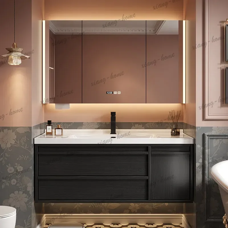 LD Black European Bathroom Cabinet Vintage Wooden Laundry Drawers  Mirror Storage Luxury Mobiletto Bagno Furniture