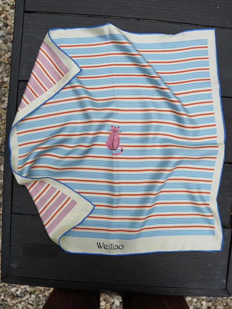 

Weiliao Silk Square Scarf Dual-sided Stripe Pattern Fashionable Versatile Sun Protection Light Blue Color Spring Autumn Winte...