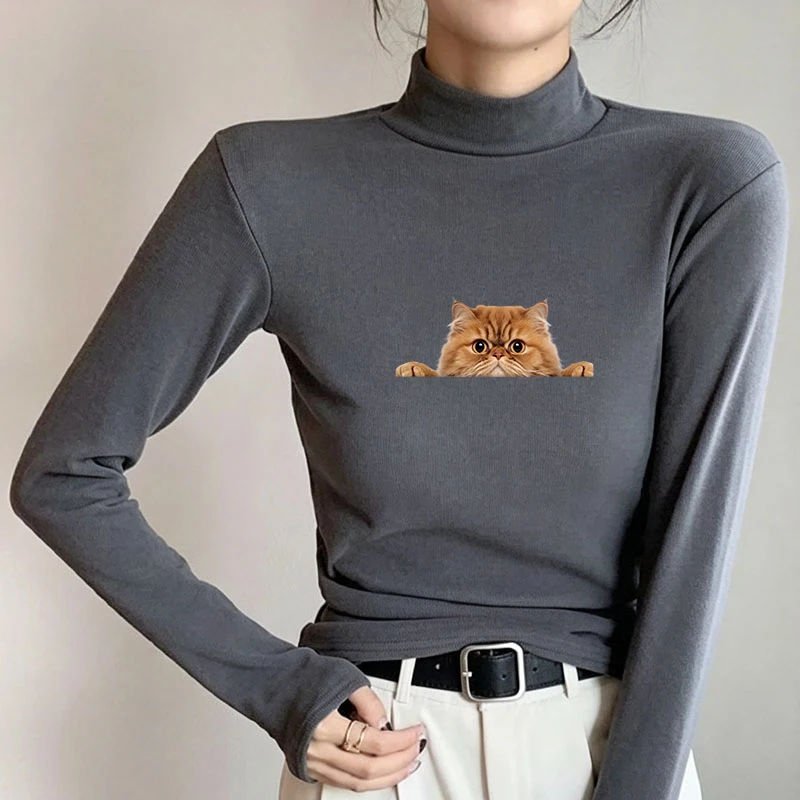 2026 New Autumn Winter Thermal Brushed Fleece Long Sleeve Graphic Print T shirt Blouses Female Warm Shirt Women Top