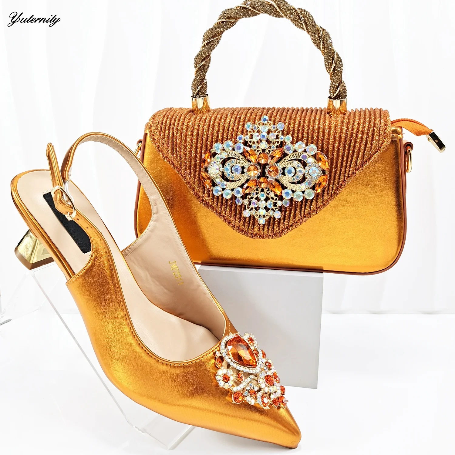 

Новое поступление оранжевого цвета, женские туфли и сумка с кристаллами, модный комплект обуви и сумки на высоком каблуке в африканском стиле для свадебного платья