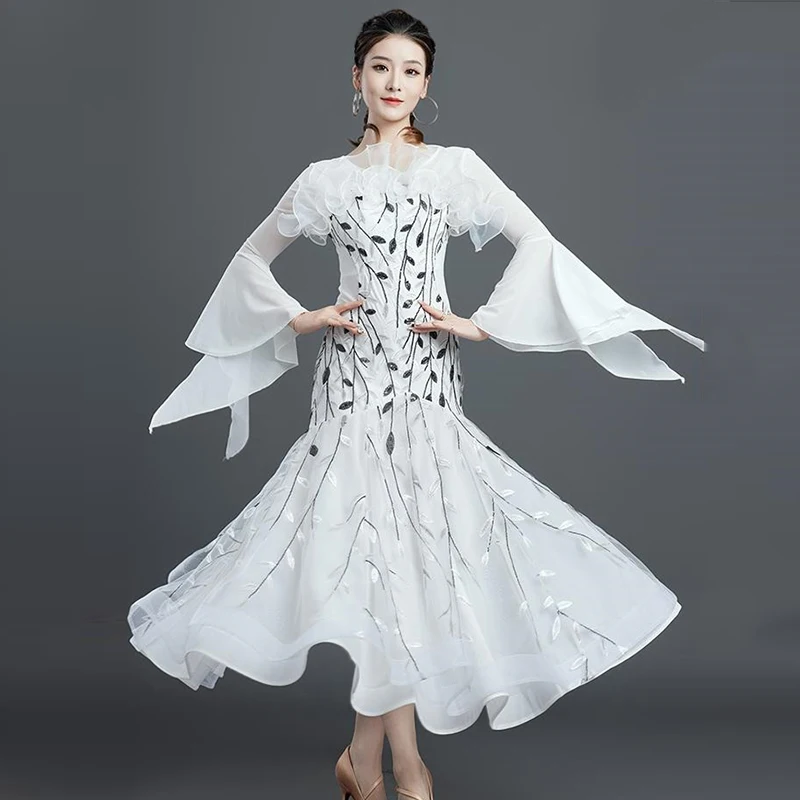 Standard Competition Dance Dress Women Waltz Tango Stage Costume Ballroom Dress Long Sleeve Female Training Dancewear White 2343