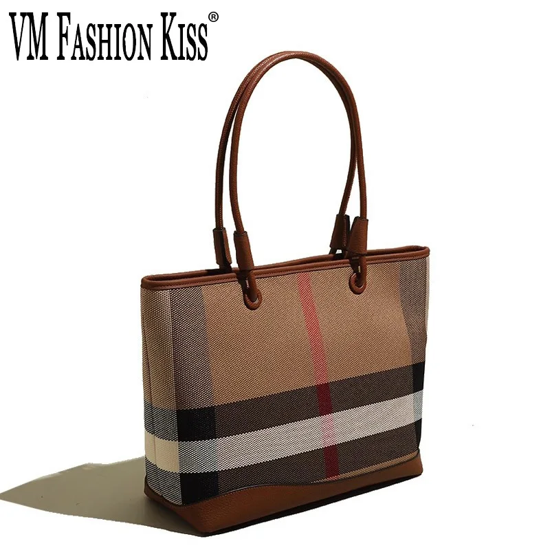 

VM FASHION KISS Commuting Striped Canvas+Genuine Leather Casual Tote Large Capacity Women's Handbag Trends Large Shoulder Bag