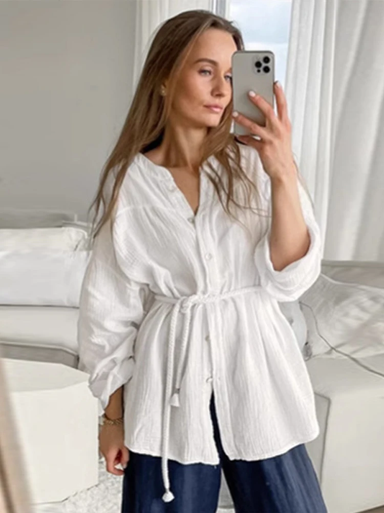 Crape White Belts Shirts Women O-neck Single Breasted Loose Long Sleeve Female Shirt 2025 Spring Casual All-match Blouse Top