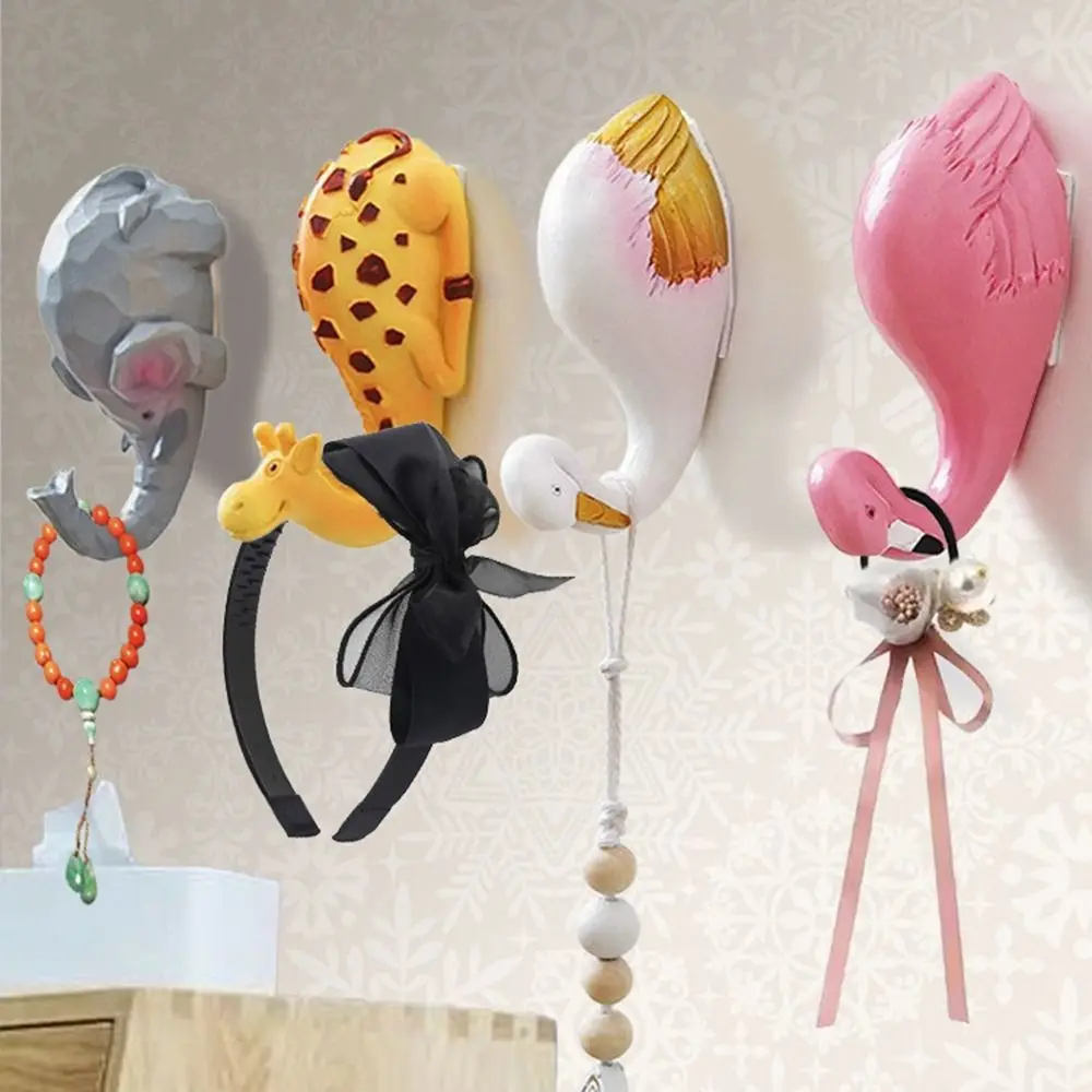 Kawaii Flamingo Wall Hook Creative Cute Decorative Resin Animal Hanger Heavy Duty Self Adhesive Key Holder Nursery Decoration