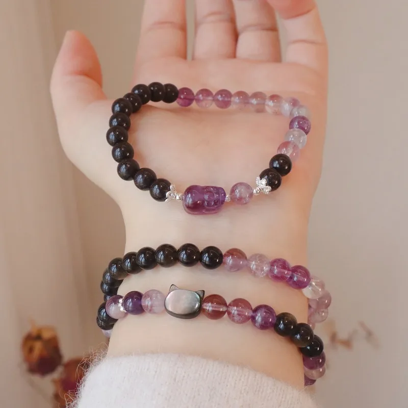 Minar Vintage Clear Purple Black Contrasted Crystal Natural Stone PI Xiu Cat Head Beaded Strand Bracelets for Women Wholesale