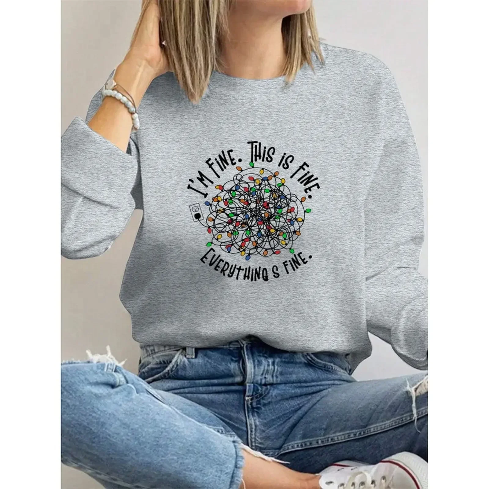 

Round Neck Women Sweatshirt Velvet Winter Casual Loose Comfortable Christmas Light Printed Pattern Long Sleeve Sweater
