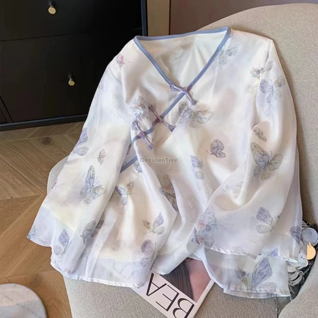 

2025 new chinese style printed yarn cross collar long sleeve choengsam button shirt summer women loose elegant tang suit blouse