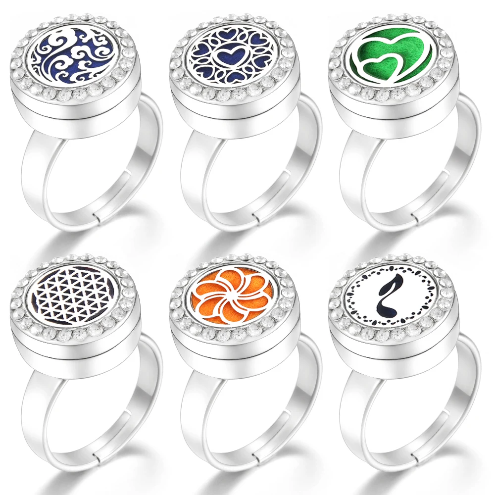 Kristall 12mm herzförmige Aromatherapie Diffusor Ring Edelstahl ätherisches Öl Parfüm Medaillons Frauen Cocktail Ring Schmuck