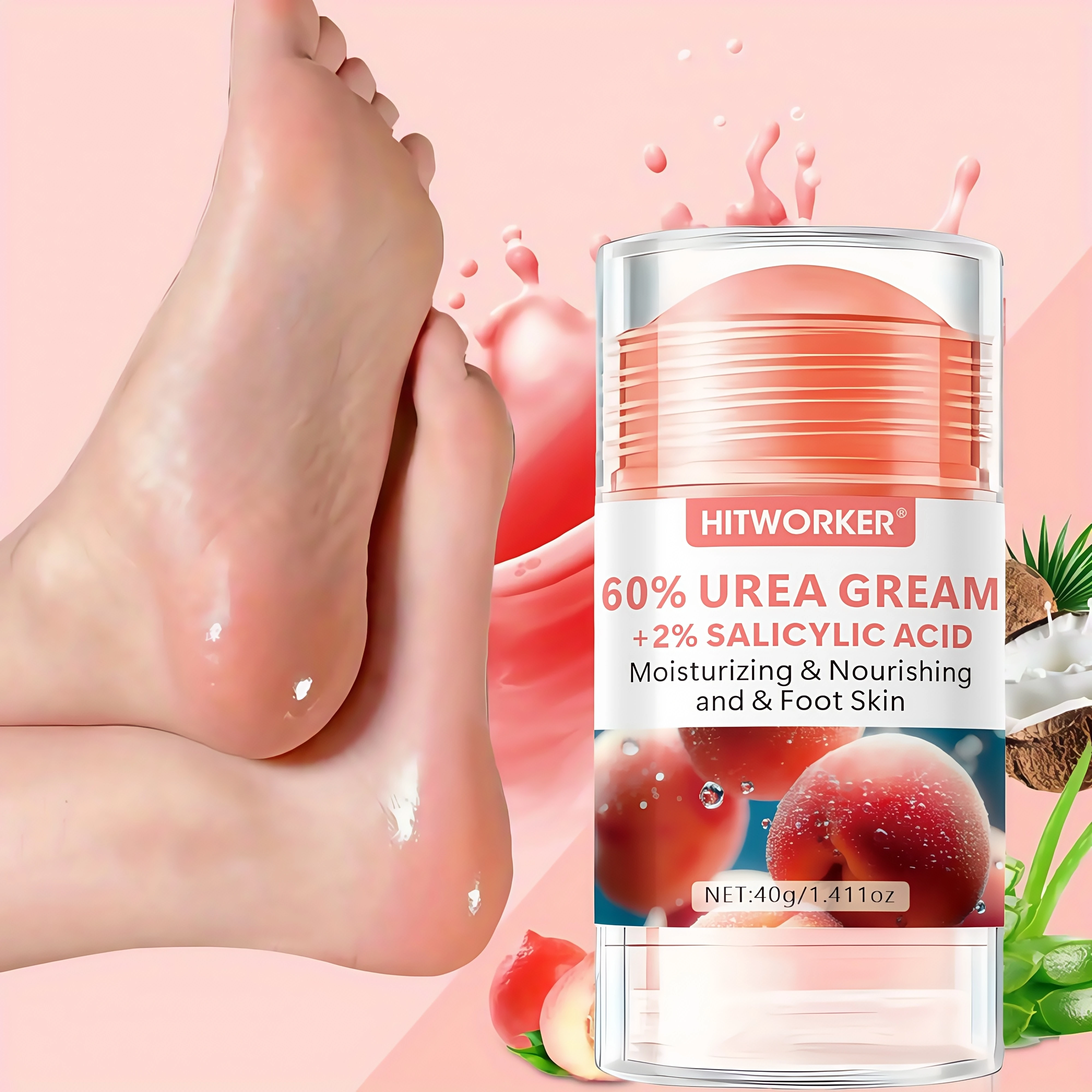 Peach-Scented Intensive Foot Cream for Cracked Heels - Moisturizing Skin Softener for Dead Skin Quick-Absorbing Formula