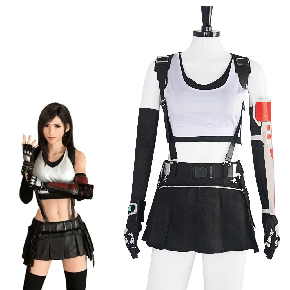 

Anime FF VII Tifa Cosplay Costume Sexy Overalls Skirt Gloves Suit Coser Halloween Party Role Play Outfit Dress