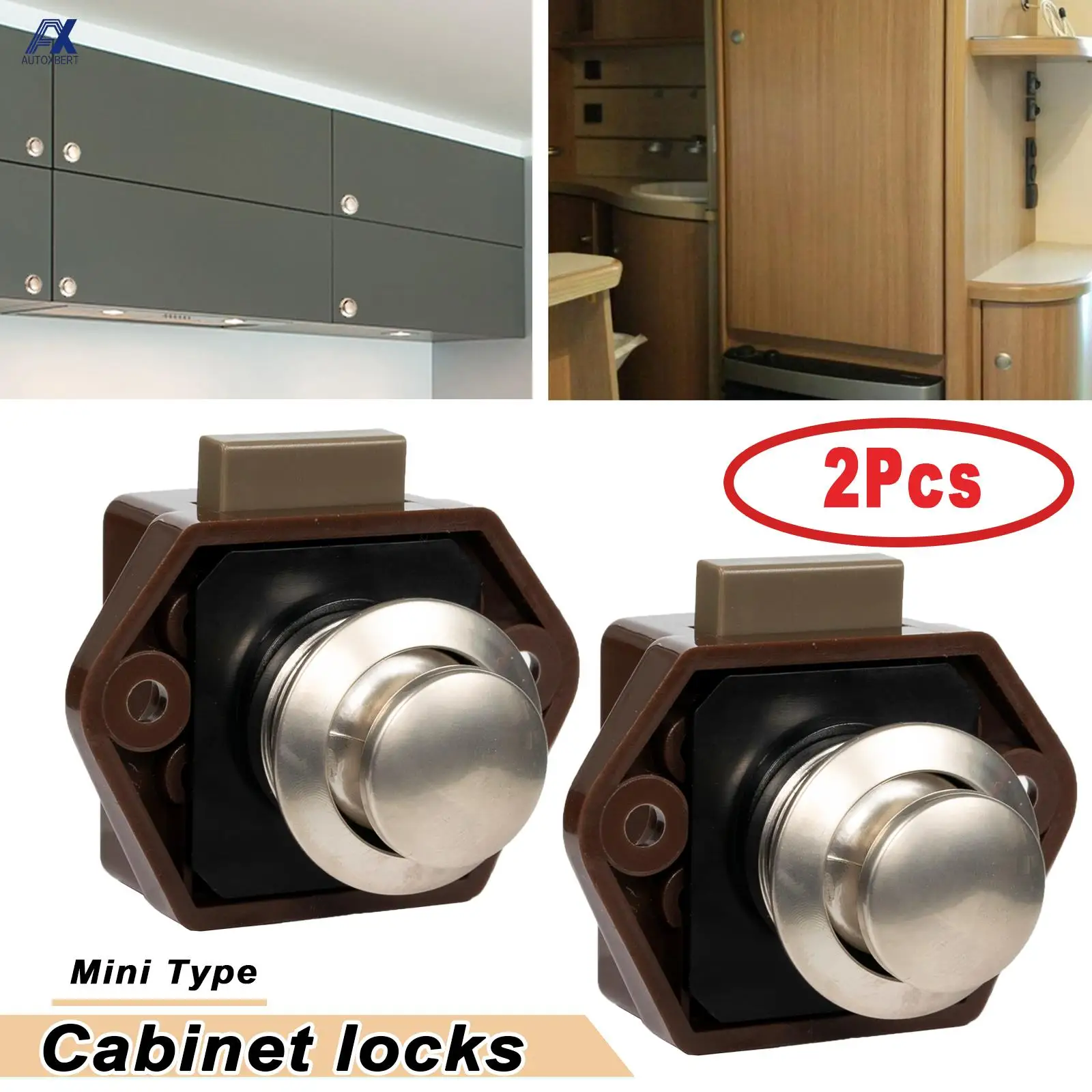 2Pcs Brown Push Button Drawer Cupboard Door Latch Knob Cabinet Locks Safety Lock Protection Catch Lock Caravan RV Motorhome Car