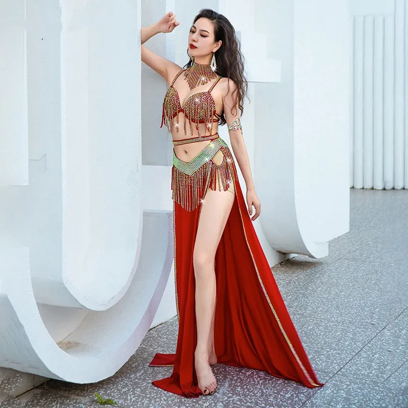 

Luxury Fringe Tassel Skirt Sexy Shine Bra Rhinstone Women Belly Dance Costume Stage Show Performance Competition Rave Outfit New