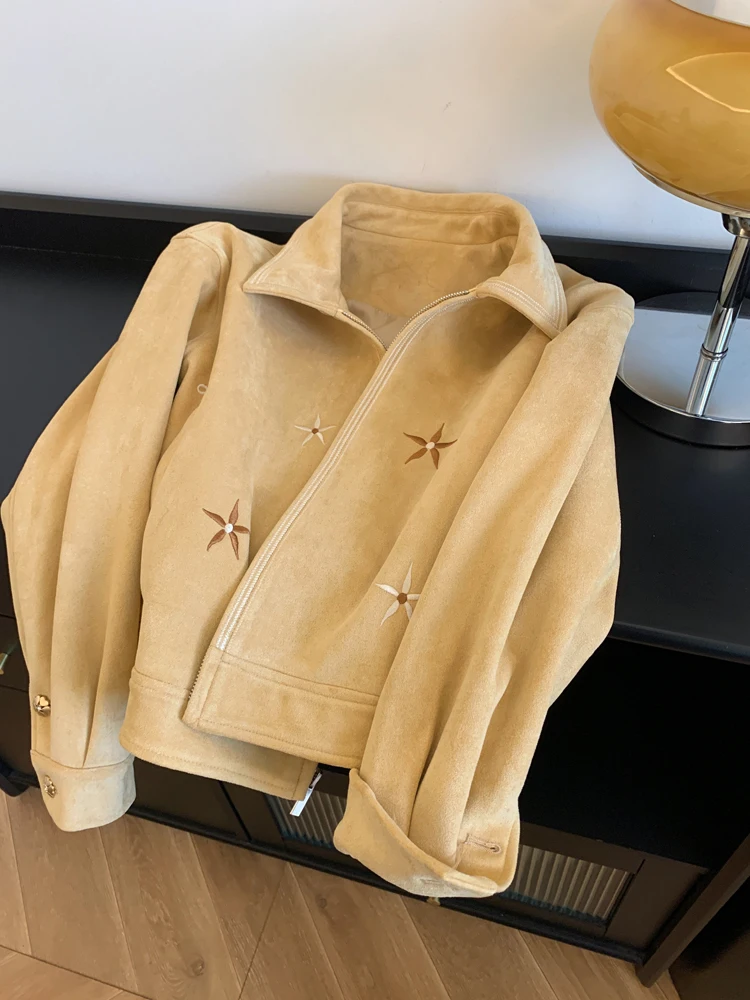 

American Design Heavy Embroidery ort Jaet Casual Loose Versatile Women's Faion Spring Autumn Casual Collar Top