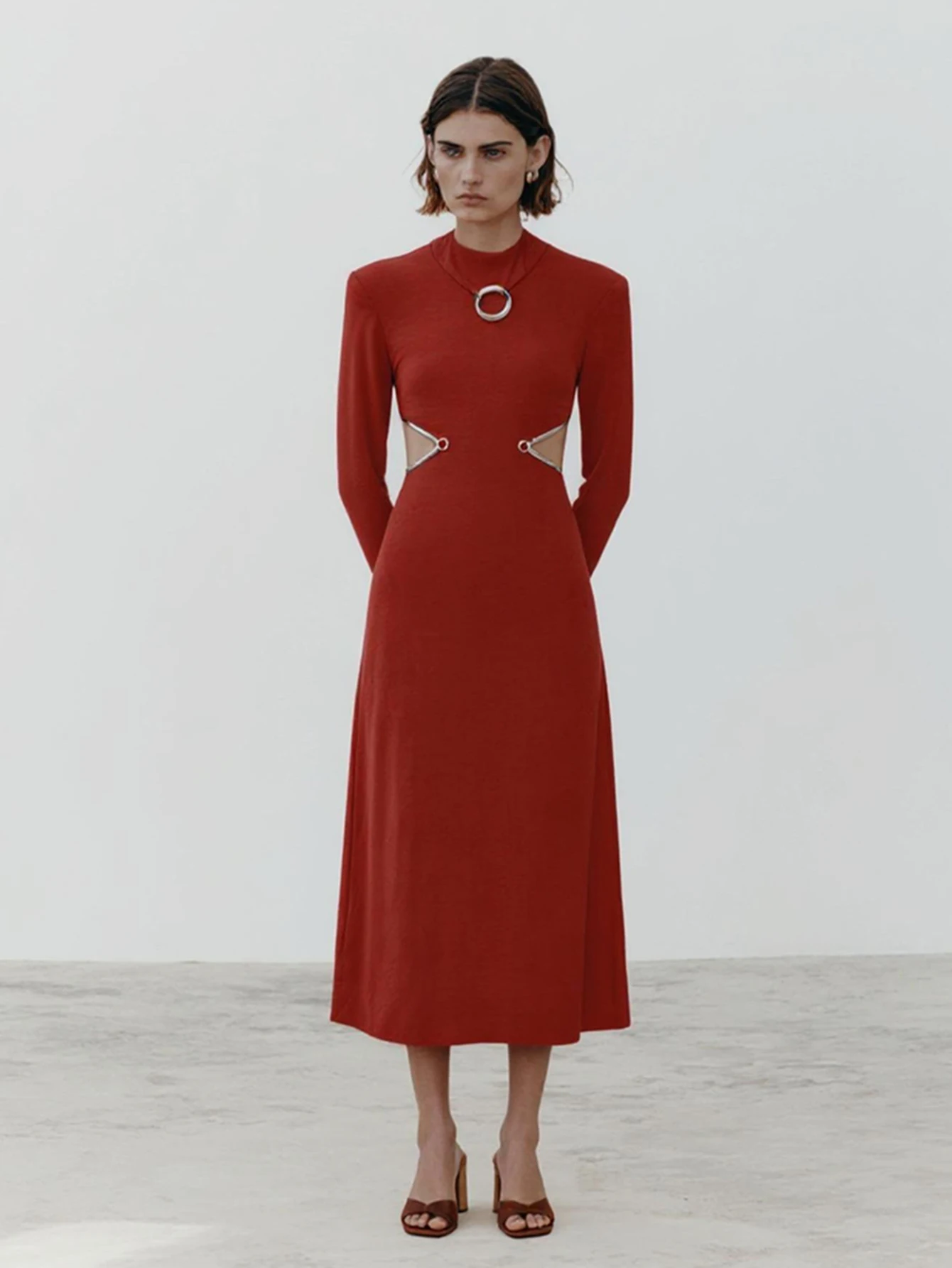 فستان Mia Muse نسائي بأكمام طويلة ورقبة دائرية متوسط الطول بتصميم أنيق لفصول الصيف والخريف