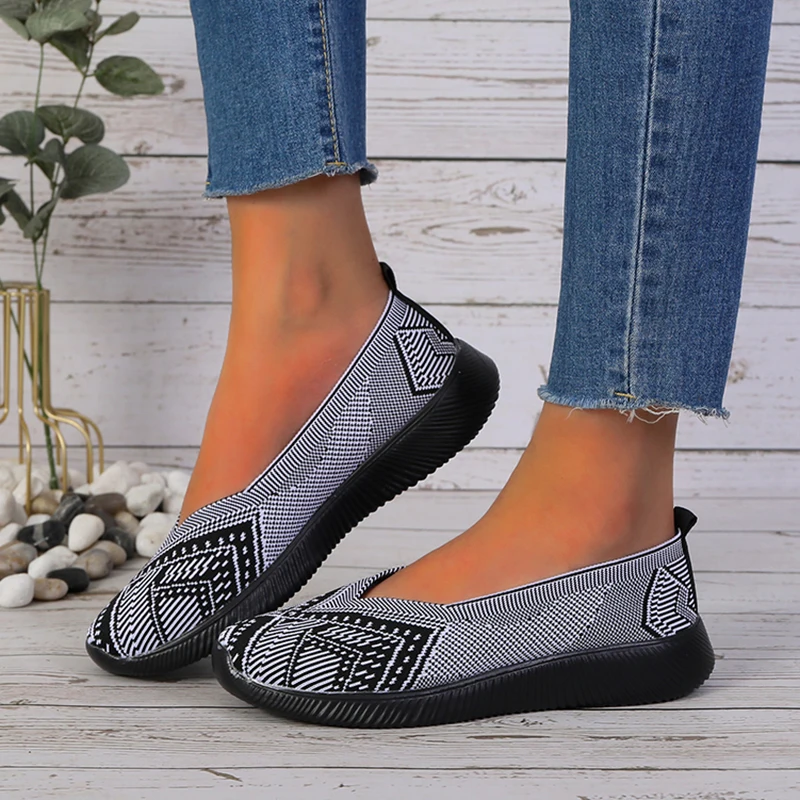 Rimocy Breathable Knitting Women\'s Sneakers 2023 Summer Slip-on Striped Soft Bottom Flats Woman Outdoor Non-slip Casual Shoes