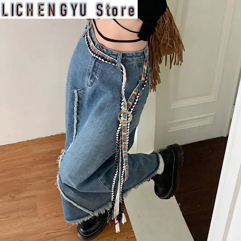 Women A-line Irregular Edge Design Thin Denim Skirt Cool Girl Vintage Fashion Summer Female Straight Loose Ankle-length Skirts