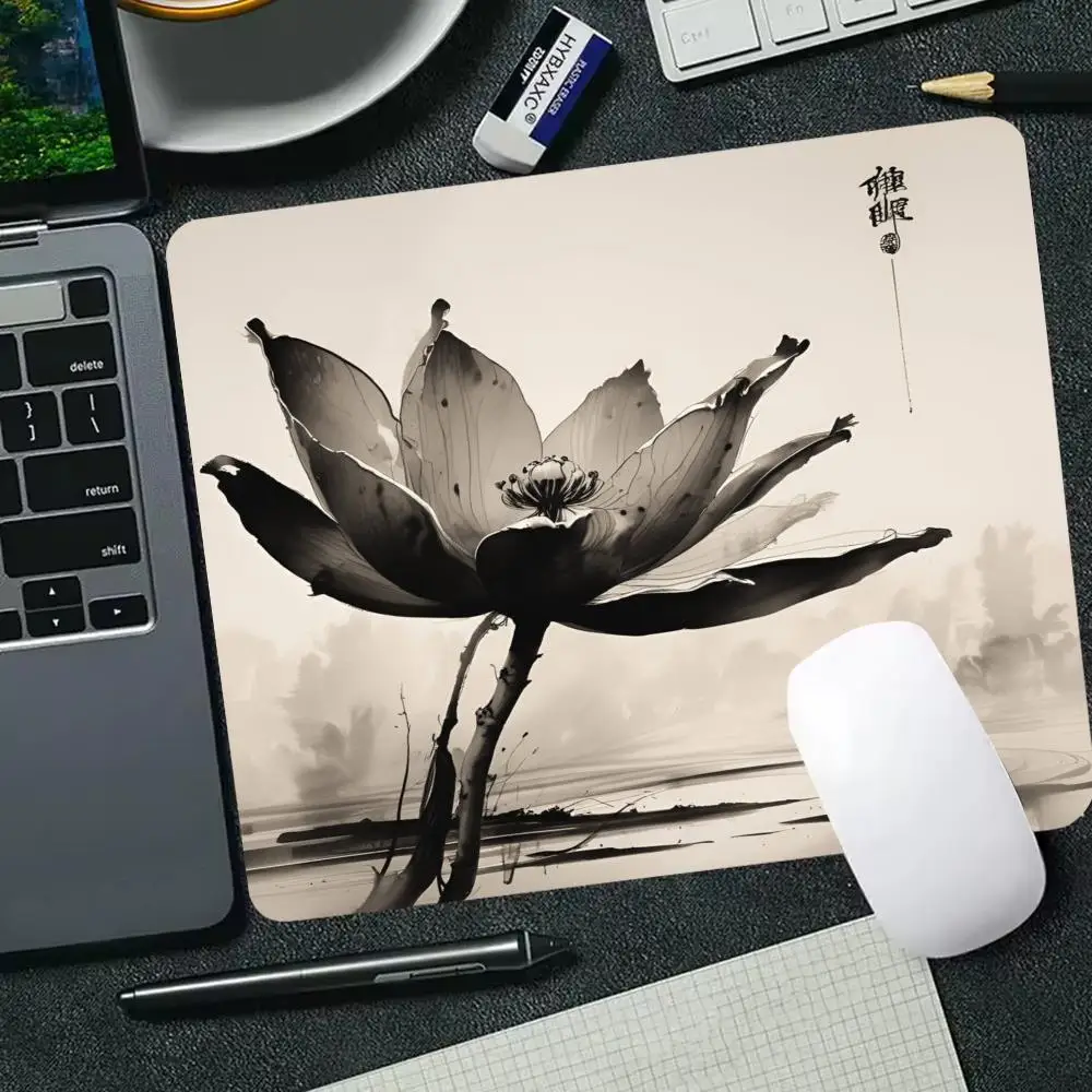 Gaming Small Mousepad Chinese Ink Lotus Peony Hibiscus Floral Print Smooth Non-Slip Rubber Base Mouse Mat For Laptop Office Desk