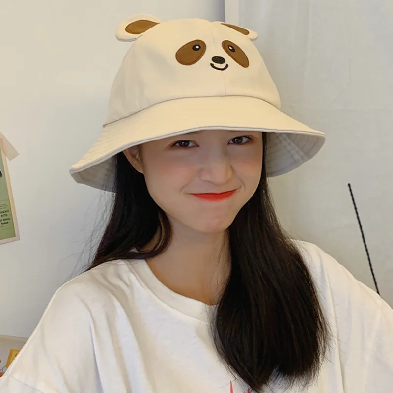 Unisex Bear Pattern Cotton Bucket Hat Men Women Cotton Double-Sided Sun Cap Summer Panama Fashion Fold Sun Fishing Fisherman Hat