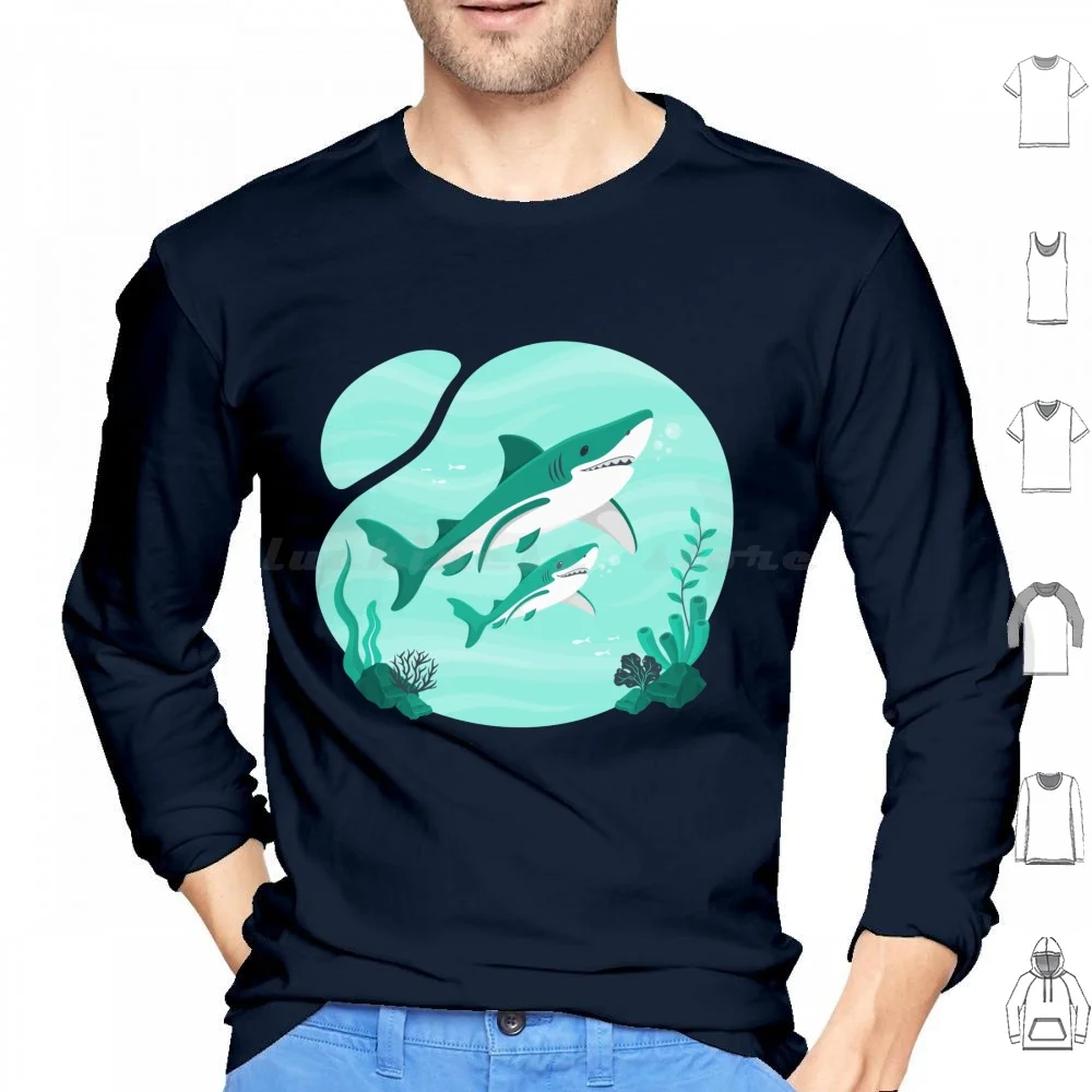Tubarão e seu filho clássico camiseta com capuz algodão manga longa amor tubarão rosto tubarão baleia tubarão grande branco megamouth