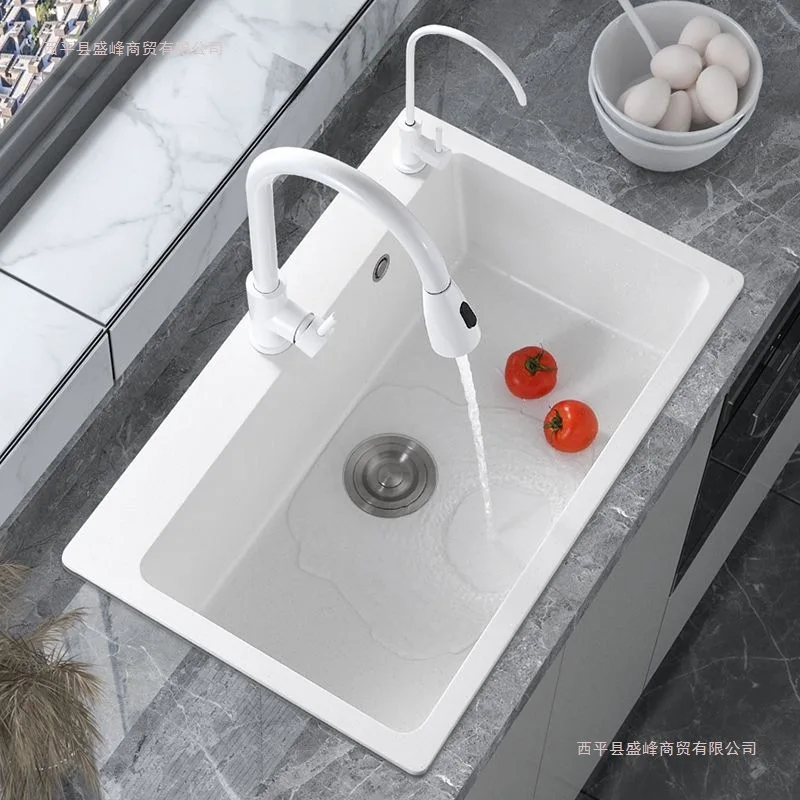 Quartz stone sink Large single sink Kitchen Household vegetable basin White countertop Embedded under countertop