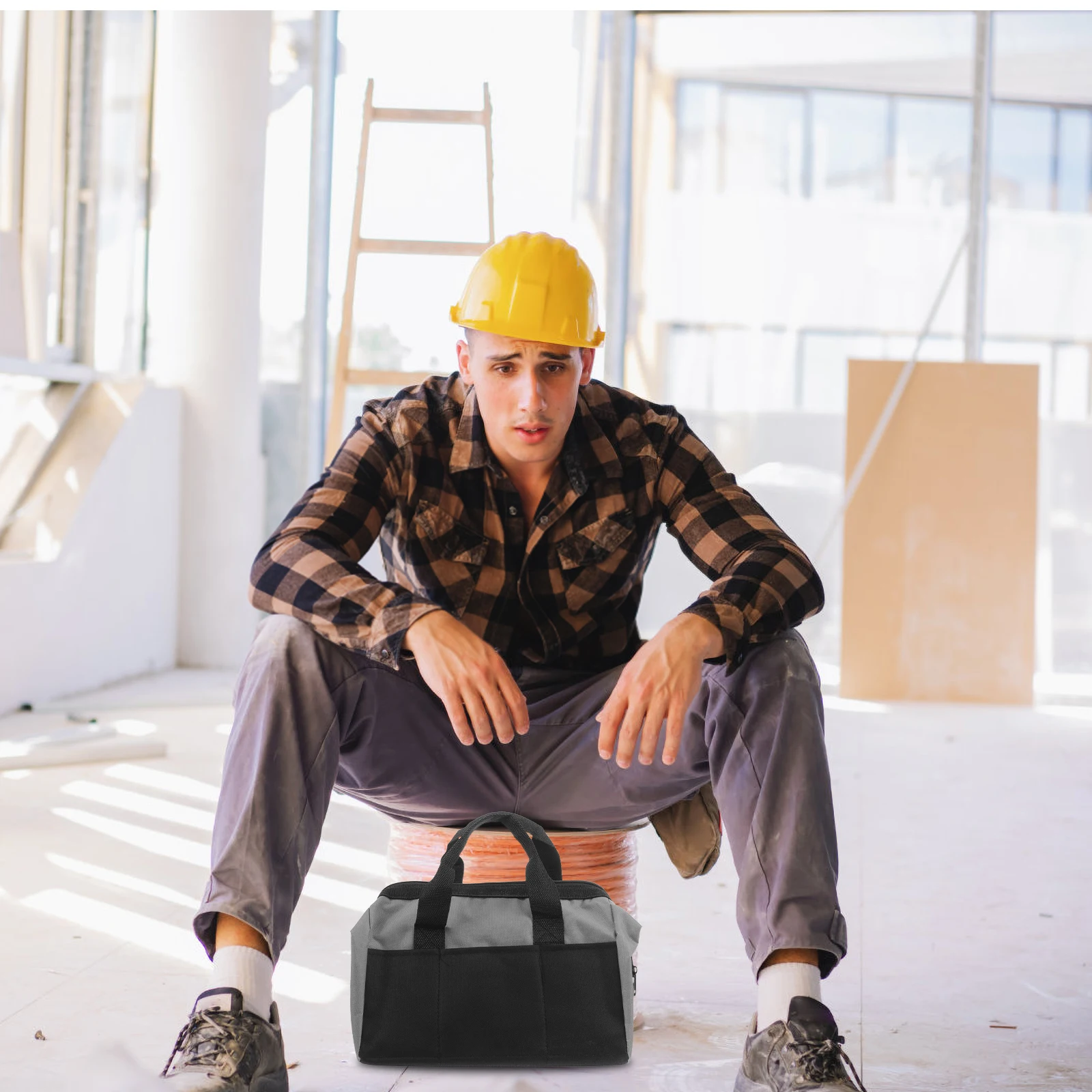 

12 Inch Organizer Large Capacity Electrician Pouch Durable Mechanic Tool Tote Bag For Home Repair Gray Craftsman Tool Bag