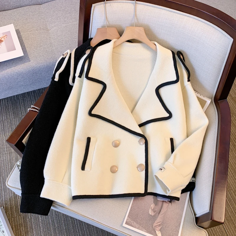 

Real Shot Plus Size Women's Chic Style Contrast Jacket 2024 Autumn Winter New Petite Stylish European Blazer Female Office Lady