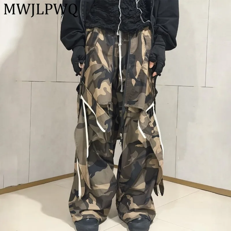 

MWJLPWQ Zipper Spliced Lace Up Design Workwear Street Style Camouflage Multi-Pocket Men's Loose Retro Casual Pants Spring 13088