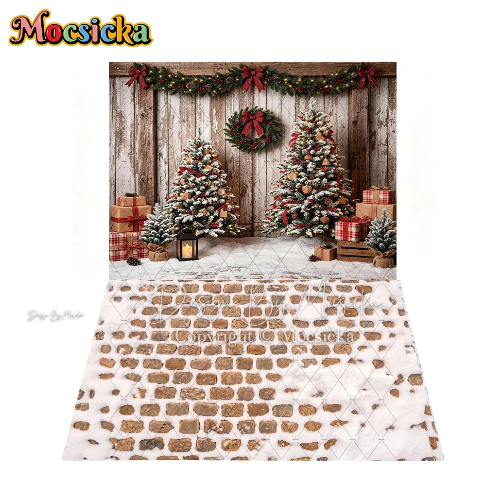 Mocsicka Rustic Christmas Barn Door Backdrop Photography Garland Wreath Xmas Tree Gift Corner Background Kid Family Winter Photo