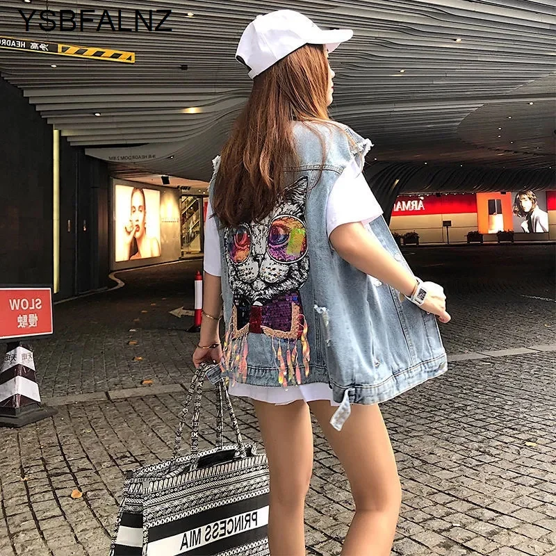 Denim Vest Jacket Back Cat Spring Summer 2024 Korean Style Women Cardigan Loose Hole Ribbon Waistcoat Fashion Jeans Gilet Coat