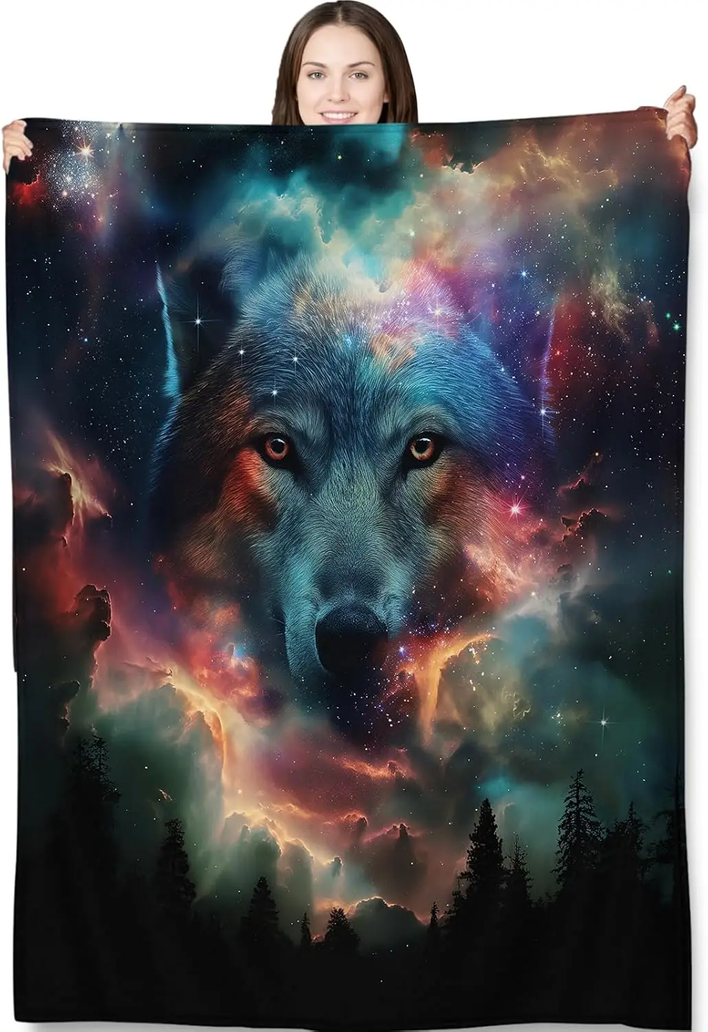 Luxury Cosmic Galaxy Wolf Nebula Print Throw Blanket Cozy Fleece Lap Blanket Boho Space Art Home Decor Gift
