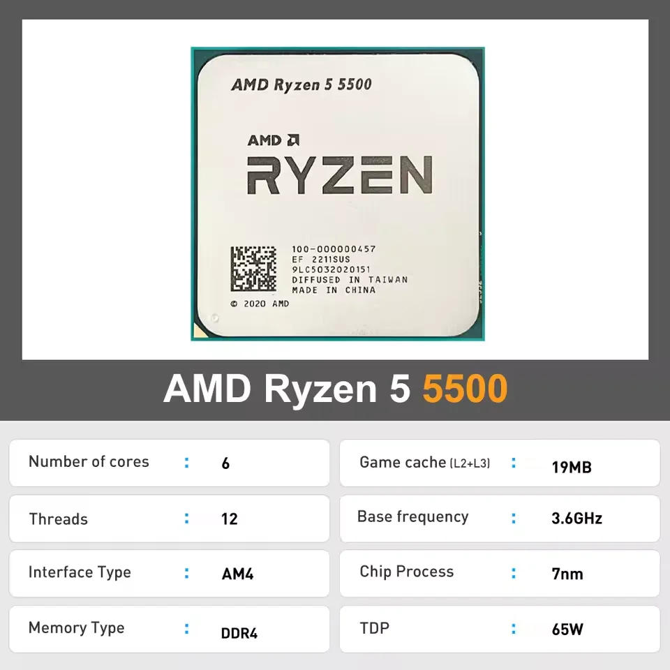 New AMD Ryzen 5 5500 R5 5500 3.6 GHz 6-Core 12-Thread CPU 7NM L3=16M 100-000000457 Socket AM4 but without cooler