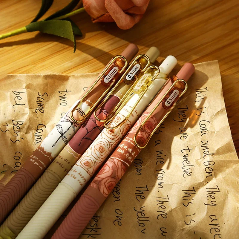 4pcs European Roses Gel Pens Kawaii Stationery Vintage 0.5mm Black Ink Neutral Pens Cute Signature Pens Office Supplies