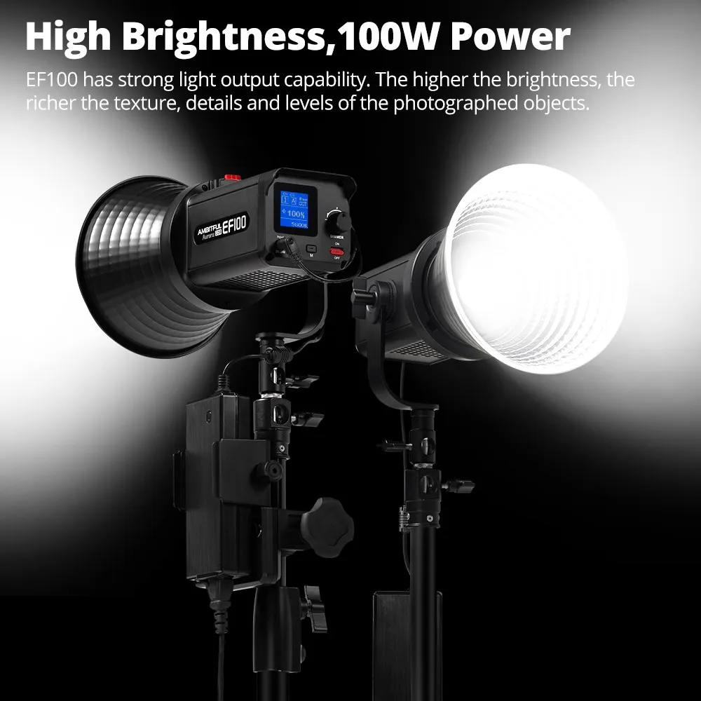 AMBITFUL EF100 COB LED Video Light 5600K CRI 95+ TLCI 95+ LED Continuous Light Bowens Mount Built-in APP Adjust Brightness