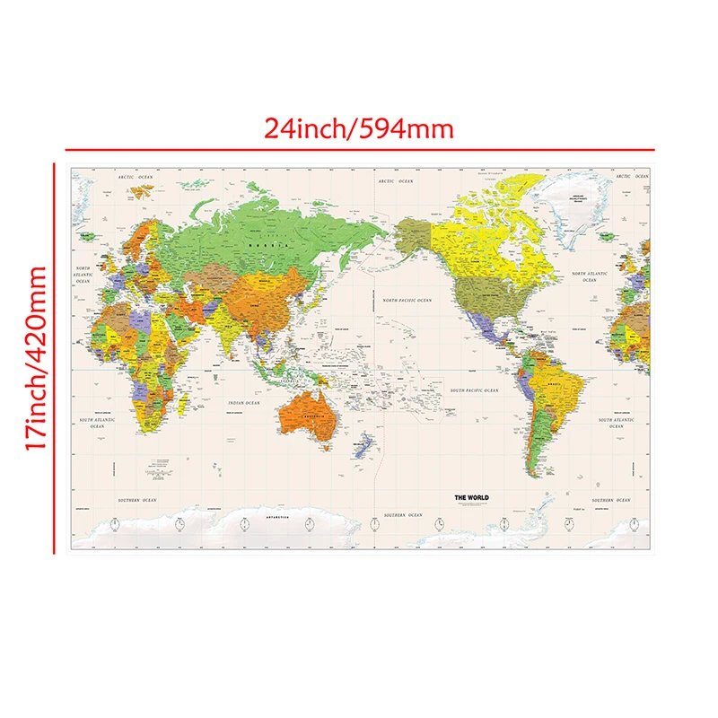 A2 tamanho impresso o mapa físico do mundo pintura sem moldura da lona fina para a decoração da parede do escritório em casa