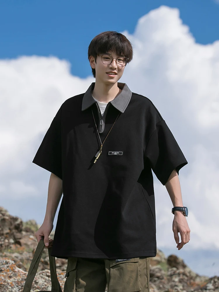 

Мужская летняя футболка в японском стиле от модного бренда, с американским воротником, для пар, из плотного трикотажа