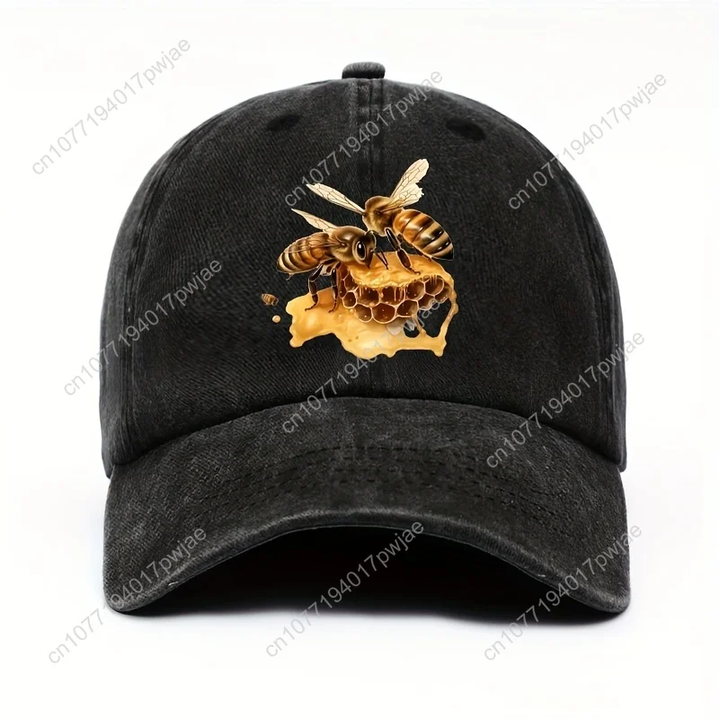 قبعة بيسبول للجنسين مكونة من قطعة واحدة مع طباعة النحل والعسل - تصميم طبيعي بني ذهبي على بوليستر أسود وخفيف الوزن لملابس الشارع