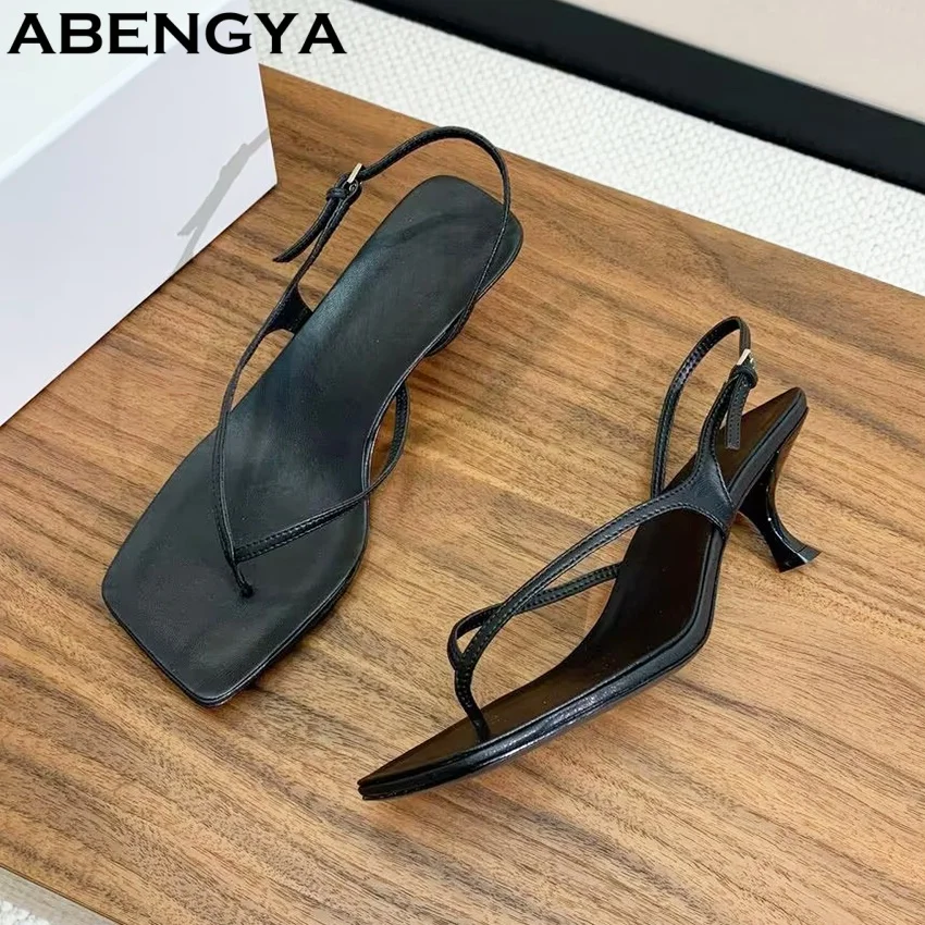 

Summer FlipFlops Kitten Heels Sandals Women Square Toe High Heel Dress Shoes For Women Leather Holiday Beach Flat Sandals Women