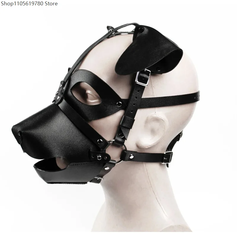 Faux Leather Dog Ear Head Mask Adjustable Rivet Strap Animal Character Hood Halloween Cosplay Party Performance Costume Prop