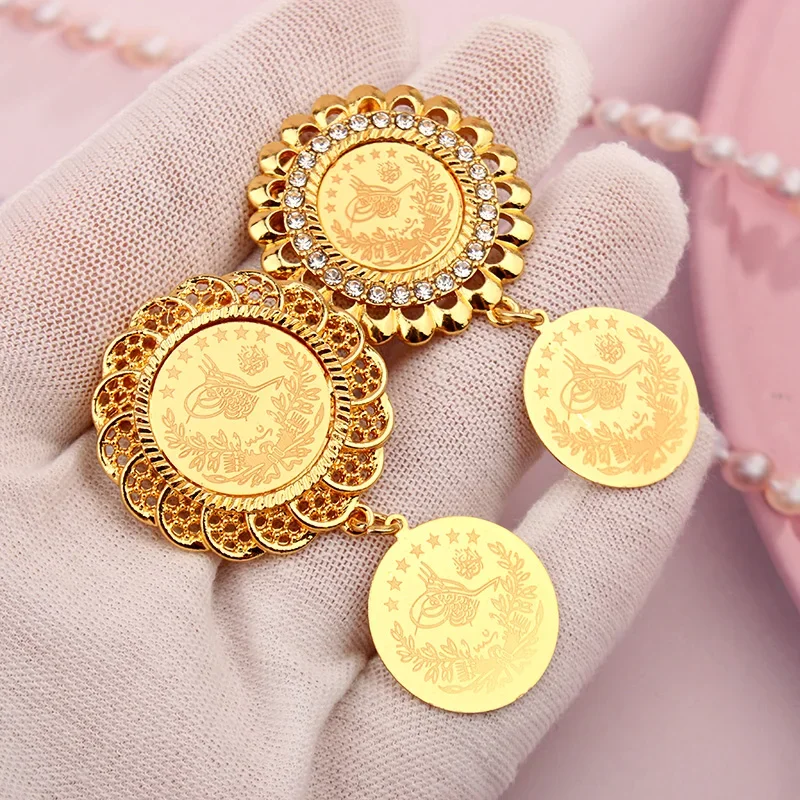 

Kurdistan Turkish Jewelry Broohes Gold Plated Dangle Coin Broche Decorativo De Ropa Ethnic Middle East Wedding Accessory