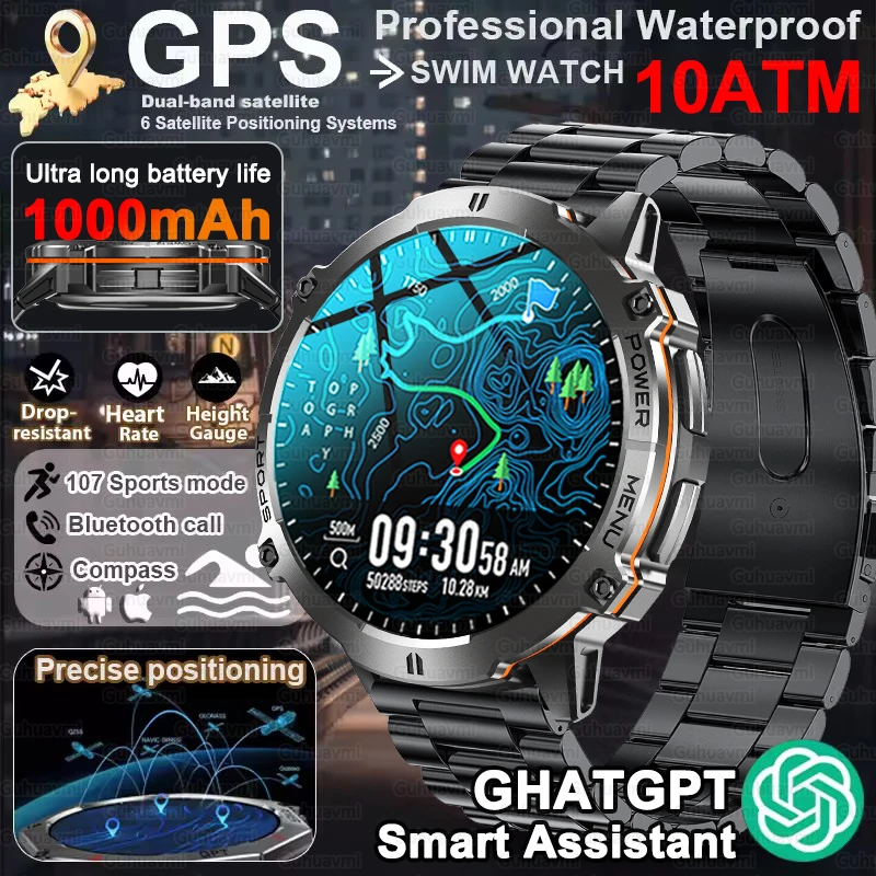 

2025 New 1000mAh Large Battery GPS Smart Watch Men Bluetooth Call Heart Rate Compass 10ATM Waterproof Outdoor Sports Smartwatch