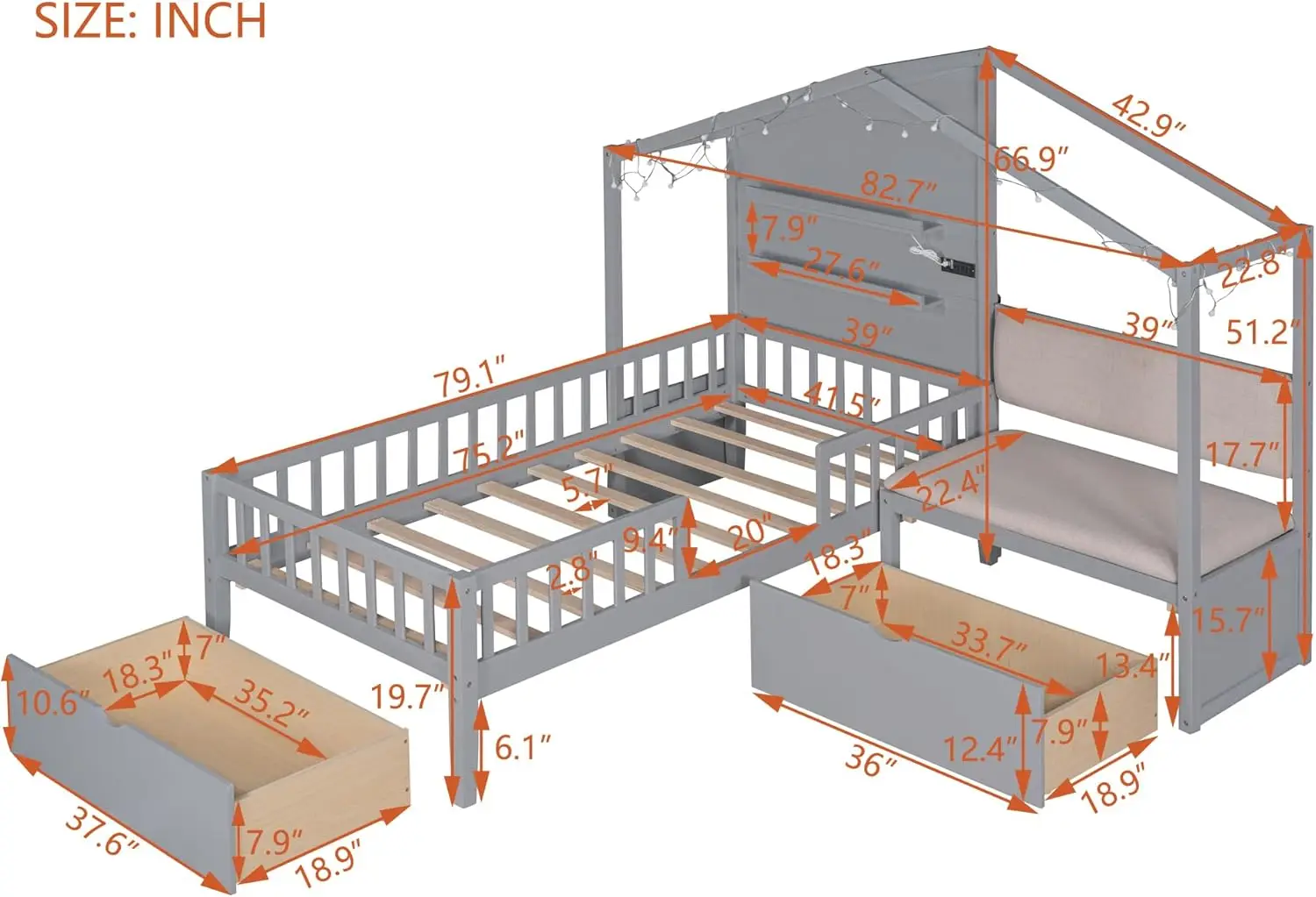 Estrutura de cama infantil de casa de solteiro Harper & Bright Designs com sofá estofado, 2 gavetas e estação de carregamento, cama montessori de madeira