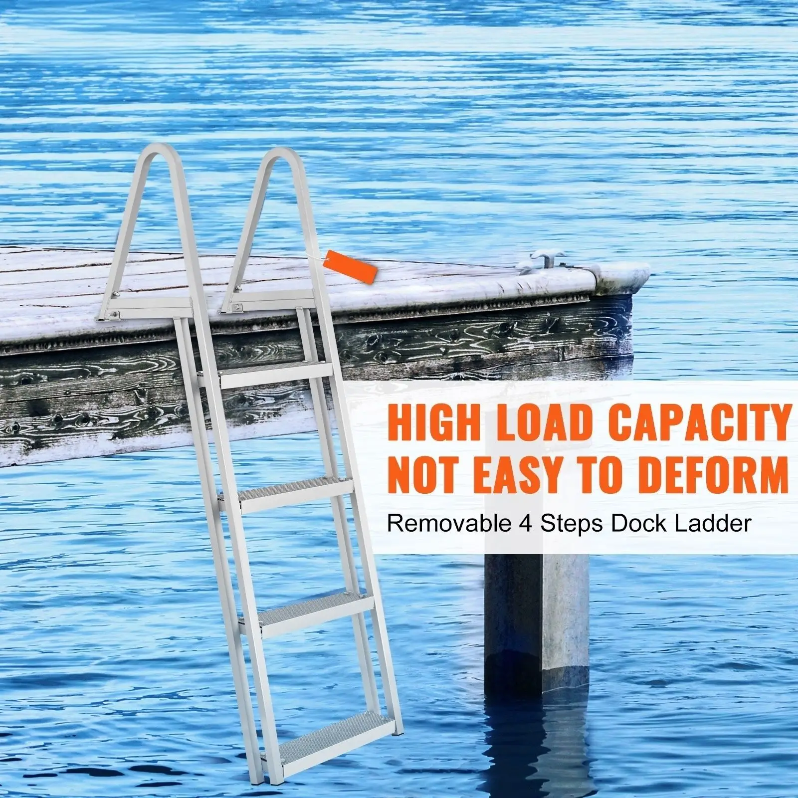 Dock Ladder, Removable 4 Steps, 350 lbs Load Capacity, Aluminum Alloy Pontoon Boat Ladder with 4'' Wide Step & Nonslip Mat, Easy
