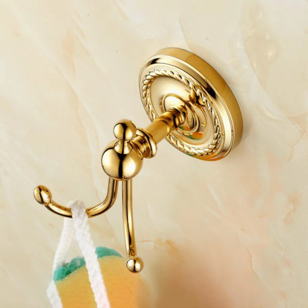 

Wall Mounted Polished Gold Color Brass Bathroom Towel Coat Hooks Dual Robe Hook Hanger Bathroom Accessory mba606