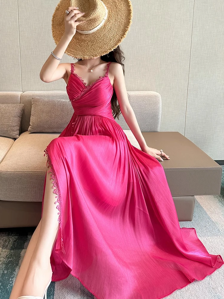 New French Romance Sweet Beach Gown Evening Dress Women Clothes Mujer Elegant Sexy Sling Long Robe Party Birthday Vestido Fiesta