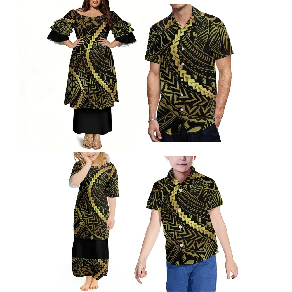 Summer Custom-Made Elegant Retro-Style Ladies' Puletasi Suit Skirt - Polynesian Island Fashion Family Wear - Men'S Shirt